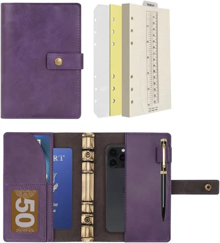 Vista 15 de WONDERPOOL Cuaderno de cuero recargable, cuaderno en espiral, carpeta de carpetas de diario A5 con puntos y bolsillos interiores para viajes, Marrón