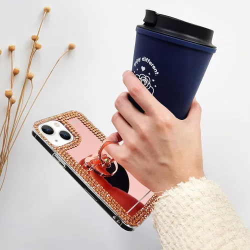 Vista 7 de LUVI Compatible con iPhone 15 Plus Mirror Bling Case con anillo, bonito soporte de diamantes de imitación con purpurina, agarre para los dedos