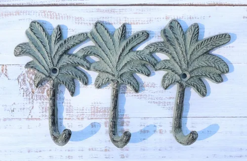 Vista 7 de Ebros Gift Paquete de 2 figuras de hierro fundido Verdigris Tropical Paradise Beach, 3 palmeras de coco, 3 clavijas, ganchos de pared triples