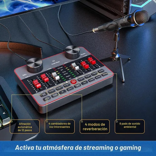 Vista 3 de Kit de Mezclador de Audio G1 para Transmisión en Vivo, Tarjeta de Sonido en Vivo para Transmisión, Interfaz de Audio Mezclador DJ Tarjeta