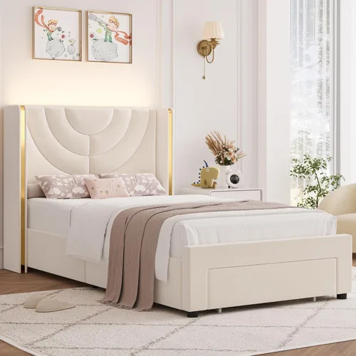 Vista 6 de HITHOS - Base de cama tapizada tamaño individual, cabecera de almacenamiento LED, color beige Velvet Bedframe with Storage Drawers, Wingback with