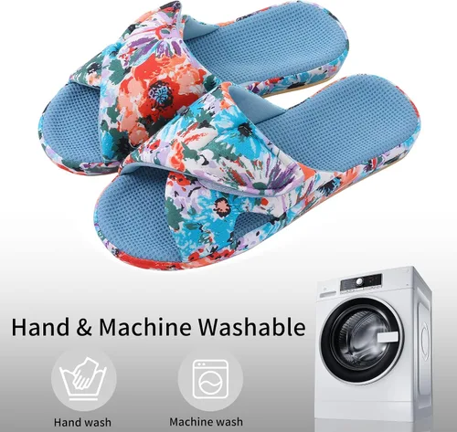Vista 5 de shevalues Pantuflas de verano para mujer, con soporte de arco, transpirables, de algodón gofre, para interiores, con puntera abierta, zapatos