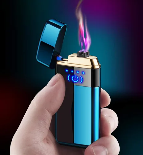 Vista 2 de Encendedor eléctrico de doble arco, sensor de huellas dactilares inteligente, sin llama, resistente al viento, encendedor recargable por USB