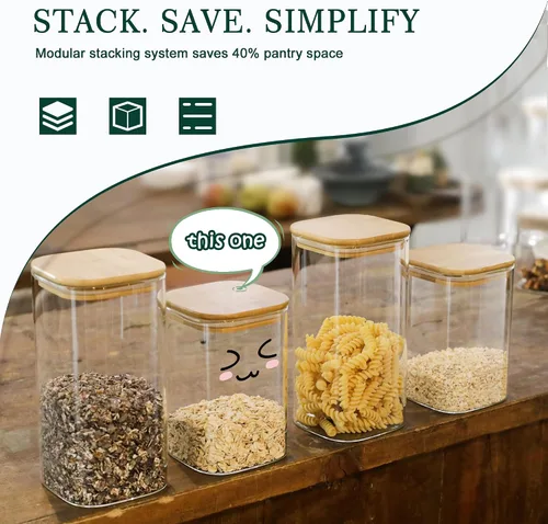 Vista 5 de LIBWYS Juego de tarros de vidrio de cocina con tapas de bambú para almacenamiento (1 unidad, 1.22 cuartos de galón), tarros de comida cuadrados