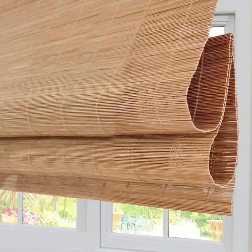 Vista 12 de Persianas Romanas de Bambú Sin Cordón con Oscurecimiento Total, Persianas Enrollables de Madera con Filtrado de Luz y Protección UV con Cenefa de 6