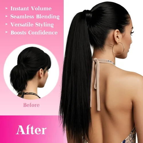 Vista 5 de Ve Sunny - Extensiones de cabello humano lacio con clip, color negro azabache, preestilizadas, listas para usar, 18 pulgadas, 2.82 oz