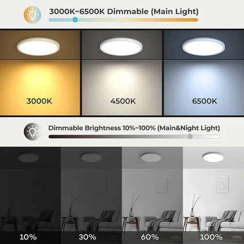 Vista 2 de Matane Lámpara de techo empotrada con control remoto, luz nocturna de 8.7 pulgadas, 18 W, 3000 K-6500 K, ajustable, luces LED de bajo perfil