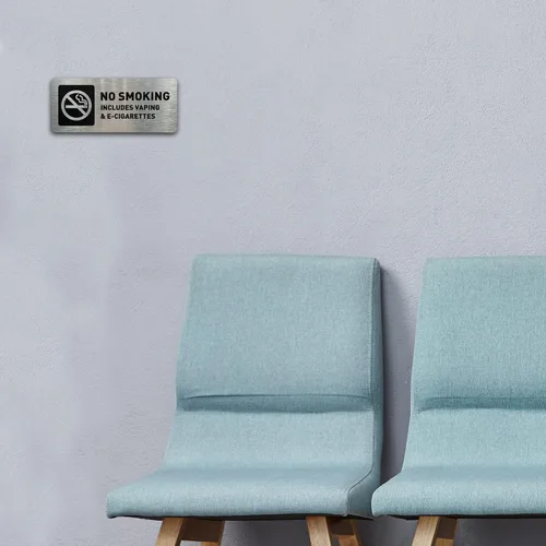 Vista 3 de Letrero de no fumar – Señales de no fumar no vapeo para negocios – Incluye tiras adhesivas para una fácil instalación – Cartel de metal cepillado