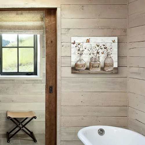 Vista 6 de Parylore Decoración de baño de granja, arte de pared de algodón, cuadro de flores de algodón, decoración de pared, tarro de masón, pintura