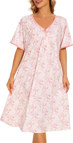Vista 4 de AVIIER Camisones de noche de algodón suave para mujer, ropa de dormir de manga corta con bolsillos