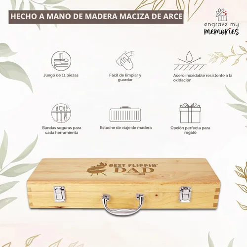 Vista 8 de Juego de parrilla BBQ de 11 piezas con caja de madera de arce grabada, herramientas de barbacoa de acero inoxidable premium con mangos de madera
