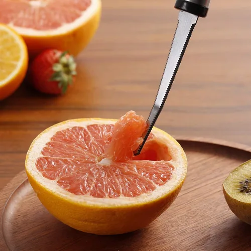 Vista 4 de Cucharas de pomelo y cuchillo de toronja, juego de 7 cucharas de postre de acero inoxidable de grado alimenticio, cuchillo de fruta con acabado