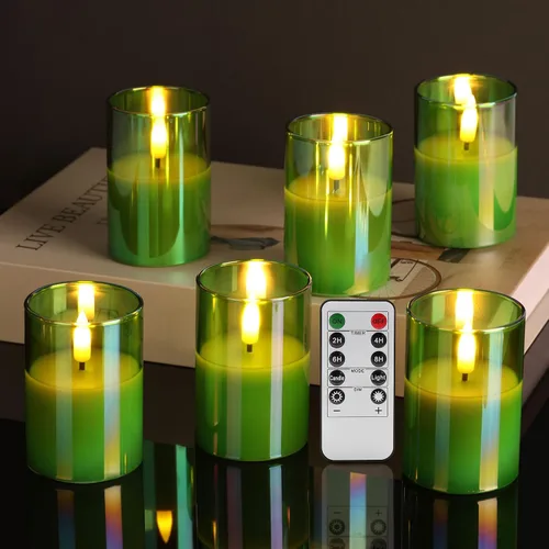 Vista 12 de Velas votivas sin llama de vidrio dorado con control remoto y temporizador, juego de 6 velas LED parpadeantes de cera real, pilar pequeño