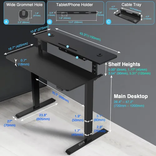 Vista 3 de AVLT Escritorio eléctrico de pie de 47 ″ con estante de doble nivel y Negro