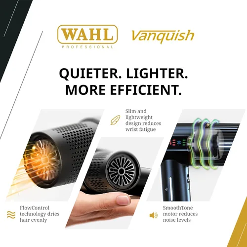 Vista 2 de Wahl Professional Vanquish - Secador de pelo, flujo de aire controlado, motor SmoothTone, 4 ajustes de calor y 3 velocidades, función de limpieza