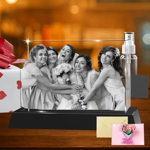 Vista 15 de Marco de Fotos Personalizado de Cristal 3D Rectangular Pequeño (Horizontal) – Premium: Base LED Multicolor, Envoltorio para Regalo y Tarjeta 3D