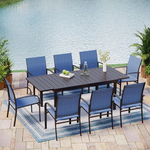 Vista 8 de MIXPATIO - Juego de comedor de patio de 9 piezas, mesa cuadrada de metal de 57.5 pulgadas, 8 sillas de textileno Azul