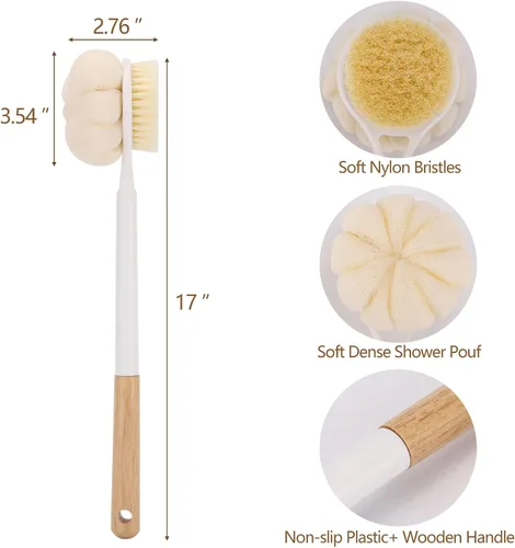 Vista 2 de BTYMS Cepillo de esponja de baño con mango largo para ducha de 17 pulgadas, cepillo exfoliante de doble cara, cepillo para el cuerpo de ducha