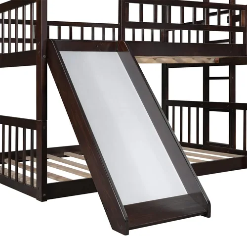 Vista 6 de Linique Litera triple de tamaño matrimonial con tobogán y escalera, marco de cama separable de madera maciza con barandilla de longitud completa