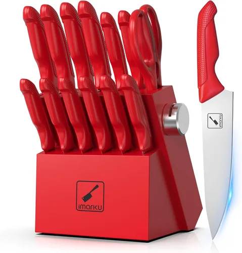 Vista 5 de imarku Juego de 14 cuchillos con bloque, juego de cuchillos de cocina de acero inoxidable japonés con afilador integrado, asas ergonómicas