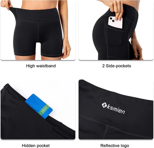 Vista 5 de Ksmien Pantalones cortos de compresión para mujer, cintura alta, para yoga, entrenamiento, ciclismo, 58 pulgadas, con bolsillos laterales
