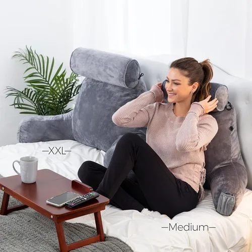 Vista 6 de Husband Pillow Backrest with Arms - Adult Reading Pillow with Shredded Memory Foam, Ultra-Comfy Removable Microplush Cover & Detachable Neck Roll