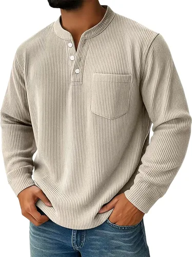 Vista 9 de Sudadera Henley para hombre, cuello en V a rayas, ajuste holgado, suéter de manga larga con bolsillos