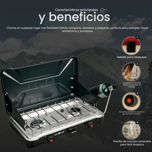 Vista 3 de GasOne - Estufa portátil de campamento – Estufa de propano doble con encendido automático de giro – 22,000 BTU con 2 quemadores y protector contra