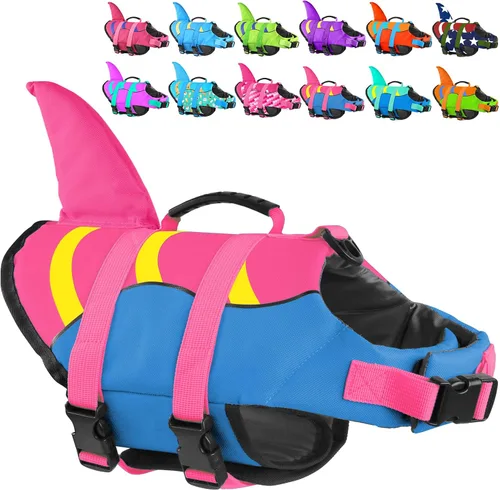 Vista 30 de Chaleco salvavidas para perros de Fragralley Shark, chaleco salvavidas ajustable para perros con aleta de tiburón, adecuado para perros pequeños