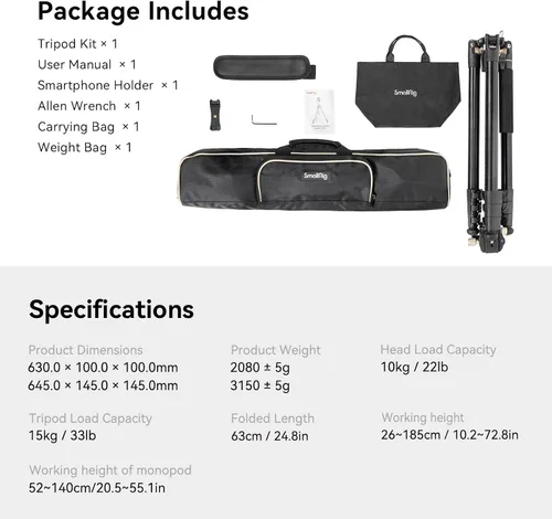 Vista 9 de SmallRig CT200 72.8"/200cm Trípode Horizontal Elevado para Cámara con Soporte para Smartphone y Bolsa de Transporte, Carga Máxima 33lb Trípode