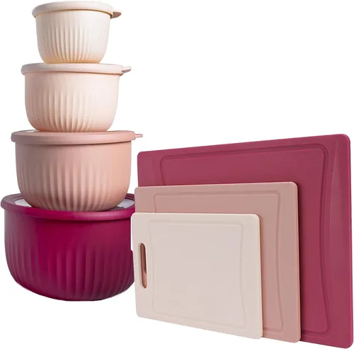 Vista 14 de COOK WITH COLOR Kitchen Essentials - Juego de tazones para mezclar con tapas y 3 tablas de cortar gruesas en blanco y negro