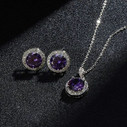Vista 8 de Juego de joyas de cristal para novia, plata de ley, circonita cúbica redonda, circonita cúbica, diamantes de imitación, halo de piedra natal, collar