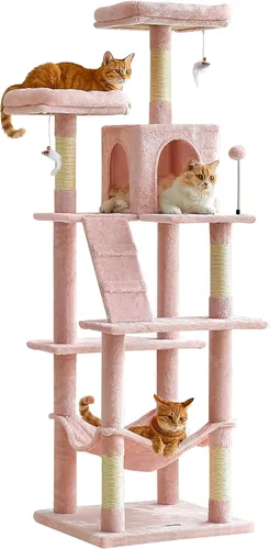 Vista 14 de MWPO - Árbol para gatos, multiestructura para gatos grandes con postes rascadores de sisal, plataforma acolchada, hamaca y condominio, torre Beige
