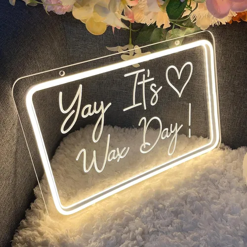Vista 2 de Letrero de neón con texto en inglés "Yay It's Wax Day", decoración de arte 3D, diseño de talla artística en 3D, para interiores, dormitorio, luz