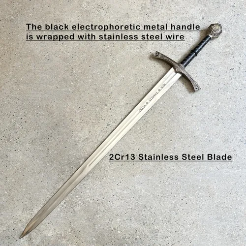 Vista 4 de Espada medieval de acero inoxidable de 44.7 pulgadas con placa de exhibición para colección, cosplay