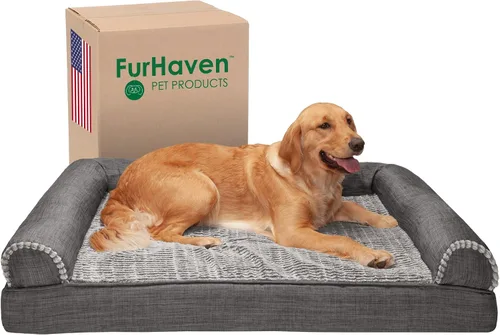 Vista 12 de Furhaven Sofá cama ortopédico para perro, sofá de espuma viscoelástica con refuerzos, felpa texturizada y funda resistente al agua, funda lavable