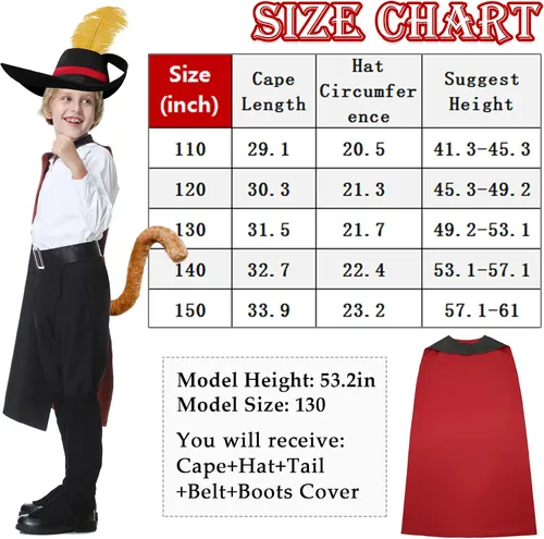 Vista 6 de Lydoesy Kids Puss Costume Cosplay Outfits Cat Boots Cape with Hat Tail Belt Boot Covers for Boys Girls Halloween