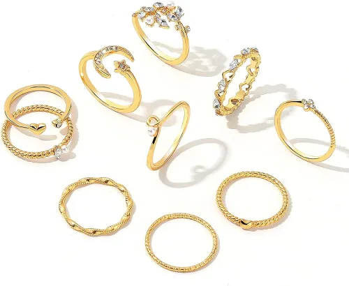 Vista 2 de KISS WIFE Juego de anillos apilables dorados para nudillos y estrellas de luna para mujeres y adolescentes, anillos apilables ligeros y bohemios