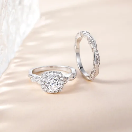 Vista 2 de Mameloly Juego de anillos de boda de 1.2 quilates para mujer, anillos de novia de corte redondo, circonita cúbica, halo de circonita cúbica, anillos