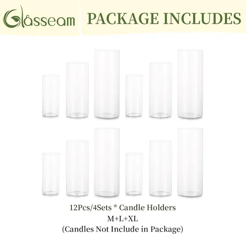Vista 7 de Glasseam Candelabros de cristal de huracán, 12 jarrones cilíndricos a