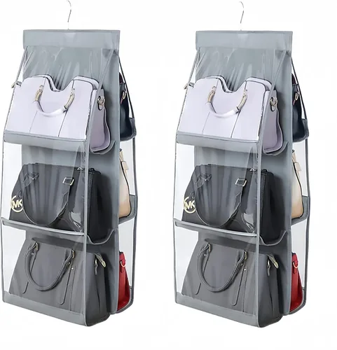 Vista 16 de HAN SHENG Organizador colgante de 6 bolsillos transparente para bolsos y monederos - Estante colgante para ahorrar espacio para clóset, armario