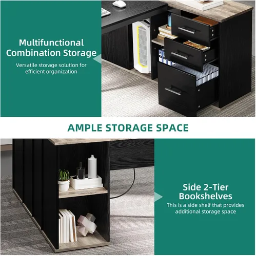 Vista 5 de YITAHOME Escritorio ejecutivo con tomas de corriente, escritorio en forma de L de 71 pulgadas con archivador, escritorio ejecutivo con cajones
