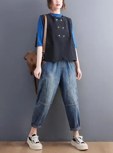 Vista 5 de DOVWOER - Chaleco holgado estilo vintage para mujer con botones y 2 bolsillos