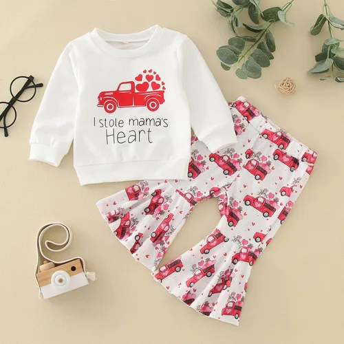 Vista 7 de Toddler Winter Long Sleeved Valentine's Day Letter Tops Love Car Print Flare Pants 2pcs School Shirts for Teen