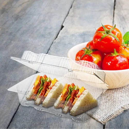 Vista 3 de Kaderron Contenedor de plástico desechable con bisagras – 70 recipientes de alimentos transparentes con forma de almeja, tamaño interno de 6.3