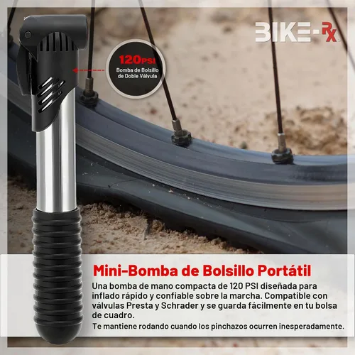 Vista 2 de Kit de reparación de bicicleta portátil - Juego de herramientas de bicicleta con multiherramienta, mini bomba de 120 PSI, palancas de neumáticos