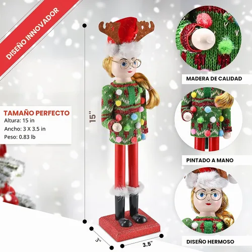 Vista 5 de Ornativity Cascanueces Suéter Feo de Navidad – Cascanueces de Madera Roja y Verde de Mujer con Suéter Feo y Sombrero de Reno Decoraciones de Figura
