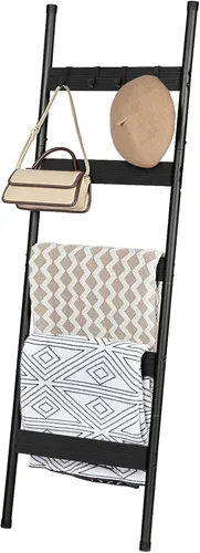 Vista 7 de HOOBRO Escalera para mantas, estante de toallas de 5 niveles con ganchos, estante de mantas inclinado en la pared, estante decorativo