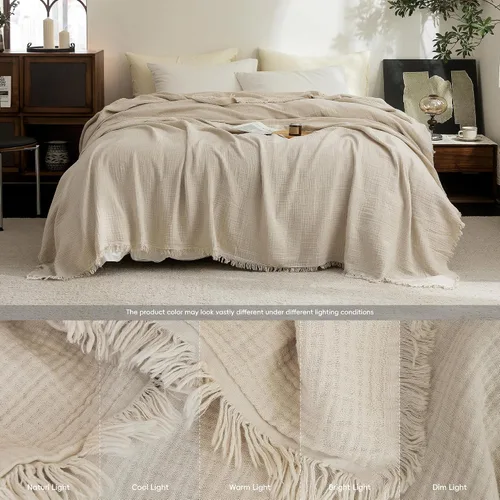 Vista 4 de FOSSA Manta de Muselina con Flecos - Gasa de Algodón 100% de 4 Capas Súper Suave y Transpirable - Manta Decorativa Ligera y Refrescante para Cama