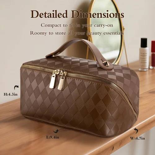 Vista 2 de Abiudeng Bolsa de maquillaje de viaje de gran capacidad para artículos esenciales de viaje, organizador de maquillaje plano abierto con divisor